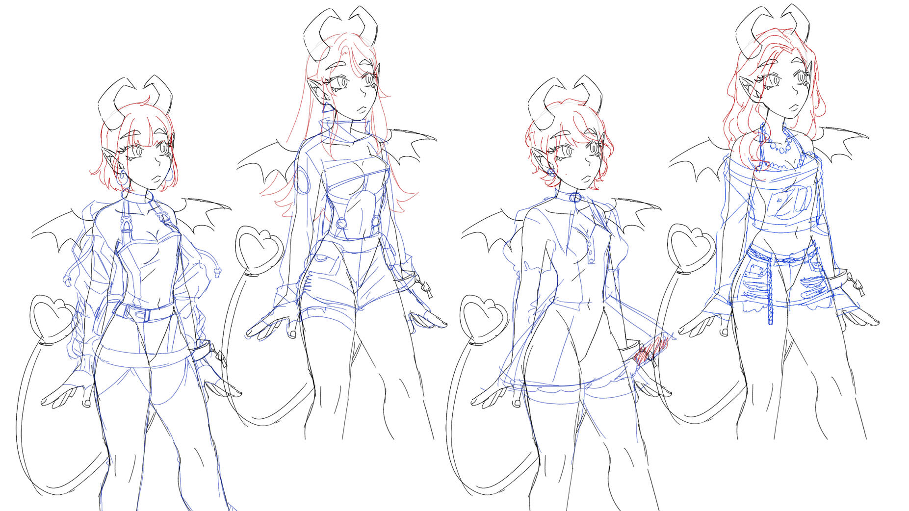 Initial cosmetic ideations for a game character.